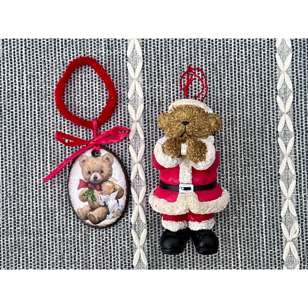 Lot of 2 VTG Teddy Bear Santa Christmas Ornaments 80s 90s Traditional Country
